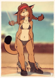 Rule 34 | 1girl, absurdres, ahoge, animal ears, animal nose, arms at sides, artist name, bare shoulders, bikini, black bikini, black footwear, blurry, blurry background, body fur, boots, border, braid, breasts, breasts apart, brown fur, brown hair, cat ears, cat girl, cat tail, chromatic aberration, collarbone, covered erect nipples, day, female focus, flat color, fox-pop vli, full body, furry, furry female, gluteal fold, green eyes, hair over one eye, hair tie, hairband, hand on own thigh, highres, legs, light rays, long hair, looking to the side, navel, ocean, one eye covered, open mouth, original, outdoors, parted bangs, red hairband, retro artstyle, side-tie bikini bottom, sidelocks, small breasts, solo, standing, stomach, sunlight, swimsuit, tail, thighs, twin braids, twintails, two-tone fur, watermark, white border, white fur