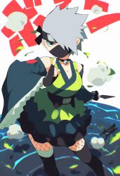 Rule 34 | 1girl, aetherion, bare shoulders, bell, black choker, black eyes, black gloves, black thighhighs, breasts, choker, cleavage, detached sleeves, dress, feet out of frame, fishnets, forehead protector, genderswap, genderswap (mtf), gloves, green dress, grey hair, hatake kakashi, highres, kunai, large breasts, mask, mouth mask, naruto, naruto (series), neck bell, ninja mask, one eye covered, short dress, short hair, sleeveless, sleeveless dress, solo, thighhighs, weapon
