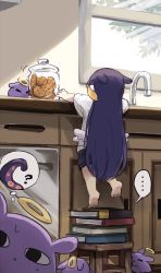 Rule 34 | 1girl, aged down, blunt bangs, book, book stack, chocolate chip cookie, cookie, cookie jar, food, halo, highres, hololive, hololive english, long hair, low wings, multicolored hair, ninomae ina&#039;nis, orange hair, pointy ears, purple hair, shirt, shorts, sink, t-shirt, takodachi (ninomae ina&#039;nis), tentacle hair, tentacles, virtual youtuber, wings, yuuyu (777)