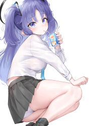 Rule 34 | 1girl, absurdres, ass, black footwear, black skirt, blue archive, blue necktie, blush, boots, breasts, chee ke, collared shirt, drink, drinking, drinking straw, drinking straw in mouth, halo, highres, holding, holding drink, long hair, long sleeves, looking at viewer, mechanical halo, medium breasts, necktie, panties, pleated skirt, purple eyes, purple hair, shirt, simple background, skirt, solo, twitter username, two side up, underwear, white background, white panties, white shirt, yuuka (blue archive)