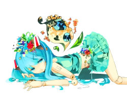 Rule 34 | 1girl, all fours, aqua eyes, aqua hair, bad id, bad pixiv id, doll joints, female focus, flower, hair flower, hair ornament, hatsune miku, itamidome, itamitome, joints, long hair, skirt, solo, top-down bottom-up, twintails, vocaloid, white background