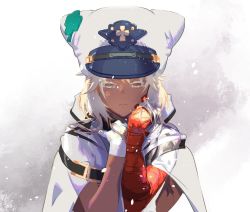 Rule 34 | 1girl, arc system works, bandaged arm, bandages, closed mouth, clover, coat, cofffee, colored eyelashes, dark-skinned female, dark skin, four-leaf clover, gloves, guilty gear, guilty gear strive, hat, looking at viewer, orange eyes, peaked cap, platinum blonde hair, ramlethal valentine, strap, white coat, white gloves, white headwear, yellow eyes