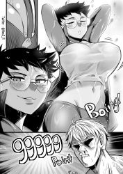 Rule 34 | 1boy, 1girl, absurdres, blood, breasts, comic, glasses, greyscale, highres, jacket, large breasts, monochrome, nesz r, nosebleed, original, signature, tomboy, wet, wet clothes