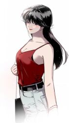 Rule 34 | 1girl, aishang ta de liyou, bag, black hair, blue eyes, blue pants, blush, closed mouth, hand up, lee duna, long hair, looking at viewer, pants, red shirt, shirt, simple background, smile, very long hair, white background