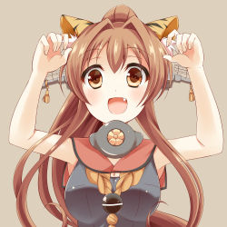 Rule 34 | 10s, 1girl, alternate costume, animal ears, bare arms, bare shoulders, beige background, black one-piece swimsuit, blush, breasts, brown hair, claw pose, fang, fukemachi, hair between eyes, headgear, kantai collection, long hair, looking at viewer, one-piece swimsuit, ponytail, sailor collar, simple background, solo, swimsuit, tiger ears, upper body, yamato (kancolle)