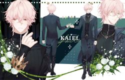 Rule 34 | 1boy, crown, flower, full body, glasses, green eyes, indie virtual youtuber, kaiel, looking to the side, mors gn, official art, pale skin, pink hair, red eyes, rose, sunglasses, virtual youtuber, white flower, white rose