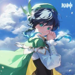 Rule 34 | 1boy, bard, beret, black hair, blue hair, braid, cape, cecilia flower (genshin impact), collared cape, commentary request, corset, flower, frilled sleeves, frills, genshin impact, gradient hair, green cape, green eyes, green hat, hat, hat flower, highres, looking at viewer, multicolored hair, shirt, short hair with long locks, sky, smile, solo, twin braids, venti (genshin impact), white flower, white shirt, yukiri (l ii)