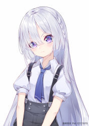 Rule 34 | 1girl, ak-15 (girls&#039; frontline), artist name, blue necktie, blush, braid, child, chinese commentary, collared shirt, commentary, commentary request, commission, english commentary, ge zhong kuaile, girls&#039; frontline, hair over one eye, head tilt, long hair, looking at viewer, necktie, pixiv commission, pixiv id, purple eyes, shirt, short sleeves, simple background, solo, v-shaped eyebrows, white background, white hair, white shirt