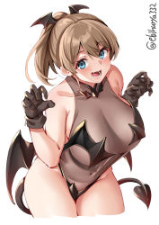 Rule 34 | 1girl, black gloves, black wings, blue eyes, blush, breasts, brown hair, collarbone, cropped legs, demon girl, demon tail, demon wings, ebifurya, fang, gloves, groin, hair between eyes, highres, intrepid (kancolle), kantai collection, large breasts, long hair, open mouth, ponytail, simple background, smile, solo, tail, twitter username, white background, wings