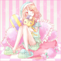 Rule 34 | 10s, 1girl, blonde hair, brown eyes, cabbie hat, character doll, checkered floor, female focus, floor, frilled pillow, frills, full body, hat, kaburagi t. kotetsu, karina lyle, long hair, necktie, pajamas, pillow, slippers, solo, stuffed toy, takao hami, tiger &amp; bunny, vest