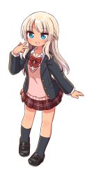 Rule 34 | 1girl, :d, black footwear, black jacket, blazer, blonde hair, blue eyes, blush, bow, braid, breasts, brown skirt, collared shirt, diagonal stripes, dress shirt, full body, grey socks, hand up, highres, jacket, loafers, long hair, long sleeves, looking at viewer, naga u, open clothes, open jacket, open mouth, original, pleated skirt, red bow, school uniform, shirt, shoes, sidelocks, simple background, skirt, small breasts, smile, socks, solo, standing, striped, sweater vest, tan, teeth, upper teeth only, very long hair, w, white background, white shirt