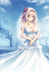 Rule 34 | 1girl, breasts, bridal veil, bride, castle, cleavage, cloud, cloudy sky, collarbone, commentary request, dress, flower, green eyes, hair flower, hair intakes, hair ornament, jewelry, large breasts, looking at viewer, ring, ryuuyoku no melodia, see-through, shinshia holand, short hair, sidelocks, sky, smile, solo, tenmaso, veil, water, wedding band, wedding dress, white hair
