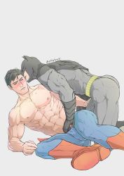 Rule 34 | 2boys, abs, artist name, ass, bara, batman, batman (series), belt, black cape, black gloves, black hair, blue pants, blush, bodysuit, boots, bruce wayne, cape, clark kent, couple, dc comics, ear licking, evinist, gloves, grey bodysuit, groping, hand under clothes, highres, kneeling, large pectorals, licking, lying, male focus, mask, multiple boys, muscular, muscular male, navel, nipples, open mouth, pants, parted lips, pectorals, short hair, superman, superman (series), tongue, tongue out, topless male, yaoi