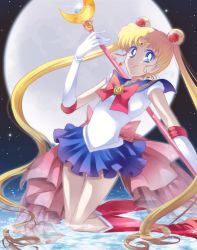 Rule 34 | 10s, 1girl, bishoujo senshi sailor moon, bishoujo senshi sailor moon crystal, blonde hair, blue eyes, blue sailor collar, blue skirt, boots, bow, choker, circlet, double bun, earrings, elbow gloves, full moon, gloves, gongitsune, gongitsune (gongitune2), hair ornament, highres, jewelry, knee boots, kneeling, long hair, looking at viewer, maboroshi no ginzuishou, moon, moon stick, moonlight, official style, pleated skirt, red bow, red footwear, sailor collar, sailor moon, shoes, skirt, smile, solo, staff, tsukino usagi, twintails, very long hair, white gloves