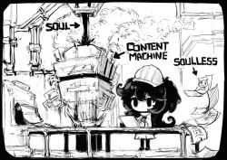 Rule 34 | 1girl, arrow (symbol), ashley (warioware), commentary, conveyor belt, drawing, english commentary, english text, greyscale, hard hat, helmet, holding, holding paper, holding pencil, inawon, long hair, machinery, monochrome, nintendo, paper, pencil, smoke, solid oval eyes, solo, warioware