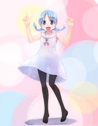 Rule 34 | 1girl, :d, black pantyhose, blue eyes, blue hair, braid, brooch, commentary request, dress, full body, highres, ikeda jun (mizutamari), jewelry, looking at viewer, low twintails, medium dress, medium hair, multicolored background, no shoes, open mouth, original, pantyhose, redrawn, sailor collar, sailor dress, shadow, sleeveless, sleeveless dress, smile, solo, standing, twin braids, twintails, w arms, white sailor collar