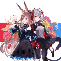Rule 34 | 2girls, :d, ahoge, alternate costume, alternate hairstyle, amiya (arknights), animal ear fluff, animal ears, arknights, black dress, black gloves, black jacket, black legwear, blue eyes, breasts, brown hair, rabbit ears, chinese commentary, copyright name, cowboy shot, demon horns, detached sleeves, dress, fingerless gloves, flower, gloves, grey shirt, hair ribbon, highres, horns, index finger raised, jacket, long hair, looking at viewer, medium breasts, multicolored hair, multiple girls, open clothes, open jacket, open mouth, orange eyes, pantyhose, parted lips, ponytail, red hair, ribbon, shirt, side-by-side, silver hair, simple background, smile, streaked hair, syuyu0220, topknot, two-tone hair, v, w (arknights), white background, wide sleeves