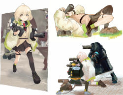 Rule 34 | 1boy, 2girls, arknights, asymmetrical legwear, bag, blonde hair, buttons, camera, click (arknights), coat, collared shirt, doctor (arknights), grass, hair ornament, holding, holding camera, knee up, leaning back, lens (arknights), multiple girls, multiple views, necktie, on one knee, photo-referenced, photographer, red necktie, rhodes island logo (arknights), runamonet, running, scene (arknights), shirt, shoes, shorts, side ponytail, skirt, star (symbol), taking picture, white shirt