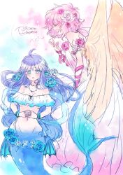Rule 34 | 2girls, angel, angel wings, bikini, blue eyes, blue hair, blush, breasts, cleavage cutout, closed eyes, clothing cutout, commentary request, crying, crying with eyes open, dress, flower, groin, hair flower, hair ornament, harpy (puyopuyo), interlocked fingers, long hair, looking at viewer, madou monogatari, medium breasts, mermaid, monster girl, multiple girls, off-shoulder bikini, off shoulder, own hands together, pink hair, puyopuyo, ri25to, serilly (puyopuyo), short hair, swimsuit, tears, underboob, white dress, wings, yellow wings