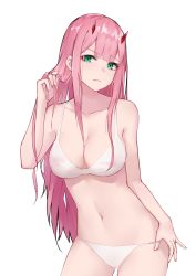 Rule 34 | 10s, 1girl, absurdres, bra, breasts, collarbone, contrapposto, cowboy shot, darling in the franxx, fang, fang out, frown, green eyes, hair between breasts, twirling hair, highres, horns, long hair, looking at viewer, medium breasts, navel, oni horns, panties, pink hair, red horns, simple background, solo, straight hair, transparent background, underwear, underwear only, very long hair, white background, white bra, white panties, yoruciel, zero two (darling in the franxx)