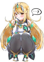 1girl ? absurdres arm_guards bare_shoulders black_pantyhose blonde_hair blush breasts chest_jewel commentary_request dress earrings elbow_gloves floating_earring gloves half-closed_eyes hand_up head_rest highres jewelry large_breasts long_hair microdress mythra_(massive_melee)_(xenoblade) mythra_(xenoblade) neon_trim otama_(otama_ladle23) pantyhose solo spoken_question_mark squatting swept_bangs thigh_strap tiara v-shaped_eyebrows very_long_hair white_dress white_gloves xenoblade_chronicles_(series) xenoblade_chronicles_2 yellow_eyes