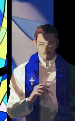 Rule 34 | 1boy, black hair, commentary, ddamma 7, english commentary, facial hair, golden kamuy, heterochromia, highres, indoors, male focus, mustache, priest, robe, rosary, short hair, solo, stained glass, standing, stole, tsurumi tokushirou, upper body, white robe