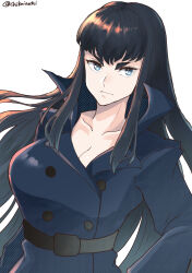 Rule 34 | artist name, belt, black hair, blue eyes, breasts, chikoinochi, cleavage, coat, double-breasted coat, highres, hime cut, kill la kill, kiryuuin satsuki, large breasts, looking to the side, signature, solo focus, thick eyebrows, trench coat