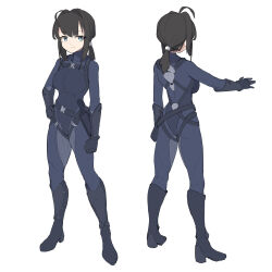 Rule 34 | 1girl, ahoge, arukiru, black bodysuit, black footwear, black gloves, black hair, blue eyes, bodysuit, boots, breasts, closed mouth, commentary request, commission, full body, gloves, hair intakes, hand on own hip, highres, large breasts, looking at viewer, original, ponytail, sidelocks, simple background, skeb commission, skin tight, smile, standing, white background
