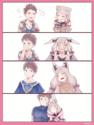 Rule 34 | 1boy, 1girl, age progression, animal ears, blonde hair, blush, cat ears, chest jewel, commentary, couple, ear covers, embarrassed, english commentary, facial hair, fang, goatee, grey hair, highres, husband and wife, leaning on person, low twintails, meidza d, nia (blade) (xenoblade), nia (xenoblade), rex (xenoblade), short hair, smile, twintails, upper body, very long ears, xenoblade chronicles (series), xenoblade chronicles 2, xenoblade chronicles 3, xenoblade chronicles 3: future redeemed, yellow eyes