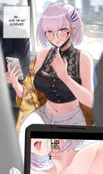 Rule 34 | 1girl, aqua eyes, braid, breasts, cellphone, crop top, english text, glasses, grey hair, hair ornament, hairclip, heart, heart-shaped pupils, highres, hololive, hololive indonesia, landacdeus, large breasts, looking at viewer, mask, midriff, mouth mask, navel, pants, pavolia reine, pavolia reine (street), phone, piercing, shirt, short hair, sitting, sleeveless, sleeveless shirt, solo focus, surgical mask, symbol-shaped pupils, thighs, tongue, tongue out, tongue piercing, train interior, virtual youtuber