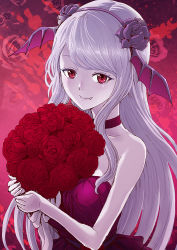 Rule 34 | 1girl, bouquet, choker, closed mouth, collarbone, dress, fang, fang out, flower, hair flower, hair ornament, hairband, head wings, holding, holding bouquet, long hair, nightgown, overlord (maruyama), purple flower, purple hairband, purple rose, purple wings, red background, red dress, red eyes, red flower, red rose, rose, rurukichi, shalltear bloodfallen, silver hair, sleeveless, sleeveless dress, smile, solo, strapless, strapless dress, swept bangs, upper body, very long hair, wings