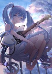 Rule 34 | 1girl, :d, absurdres, bare shoulders, barefoot, blue eyes, blue hair, blue nails, blue sky, cloud, cloudy sky, collarbone, day, dot nose, dress, feet, guitar, hair ornament, hair tie, hatsune miku, highres, holding, holding instrument, instrument, legs together, light particles, long hair, nail polish, on railing, open mouth, outdoors, pleated dress, railing, sidelocks, sky, sleeveless, sleeveless dress, smile, solo, toes, twintails, very long hair, vocaloid, white dress, yuzuaji