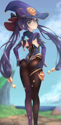 Rule 34 | 1girl, absurdres, ass support, blue eyes, commentary request, from behind, genshin impact, hat, highres, legs, long hair, long legs, looking at viewer, looking back, mona (genshin impact), ningmeng fengmi, pantyhose, purple hair, sky, solo, thighs, witch hat