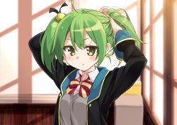Rule 34 | 1girl, bell, black jacket, blush, bow, bowtie, collared shirt, day, gj-bu, green hair, grey vest, hands up, highres, indoors, jacket, jingle bell, kannazuki tamaki, long sleeves, looking at viewer, mousou (mousou temporary), parted lips, red bow, red bowtie, school uniform, shirt, solo, twintails, tying hair, upper body, vest, white shirt, wing collar, yellow bow, yellow bowtie, yellow eyes