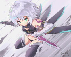 Rule 34 | 1girl, absurdres, asymmetrical gloves, bare shoulders, black footwear, black panties, closed mouth, dated, dual wielding, fate/apocrypha, fate/grand order, fate (series), gloves, green eyes, highres, holding, jack the ripper (fate/apocrypha), knife, looking at viewer, melt (ghfla10), navel, panties, scar, scar across eye, scar on face, short hair, silver hair, solo, thighhighs, underwear