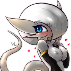 Rule 34 | 1girl, absurdres, artist name, averting eyes, black gloves, blue eyes, blush, breasts, choker, collarbone, colored skin, creatures (company), dragon ball, dragonball z, elbow gloves, embarrassed, female focus, fir3born, fusion, game freak, gardevoir, gen 3 pokemon, gloves, grey hair, grey skin, hand up, heart, highres, large breasts, looking to the side, majin buu, monochrome, nintendo, nipples, nose blush, nude, open mouth, pokemon, pokemon (creature), shiny skin, short hair, shy, signature, simple background, solo, tail, teeth, upper body, white background, yellow choker