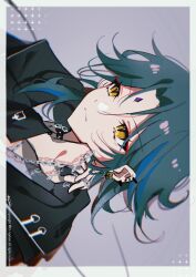 Rule 34 | 1boy, black jacket, blue hair, chain, close-up, closed mouth, d-aprken, ear piercing, earrings, eyeliner, facial mark, forehead mark, genshin impact, green hair, grey background, highres, jacket, jewelry, makeup, male focus, multicolored hair, piercing, portrait, red eyeliner, slit pupils, solo, xiao (genshin impact), yellow eyes