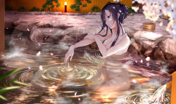 Rule 34 | 1girl, black hair, blue eyes, blurry, blurry background, blurry foreground, breasts, cleavage, commentary request, completely nude, depth of field, groin, hair between eyes, head tilt, long hair, looking away, medium breasts, navel, nude, onsen, outdoors, parted bangs, parted lips, partially submerged, petals, ponytail, sitting, solo, water, yahari ore no seishun lovecome wa machigatteiru., yukinoshita yukino, yukishiro arte