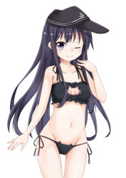 Rule 34 | 10s, 1girl, ;), akatsuki (kancolle), black hair, black panties, breasts, cat cutout, cat ear panties, cat lingerie, cleavage cutout, clothing cutout, flat cap, hat, kantai collection, long hair, looking at viewer, meme attire, navel, one eye closed, panties, purple eyes, purple hair, side-tie panties, siroyuki, small breasts, smile, solo, thigh gap, underwear, underwear only