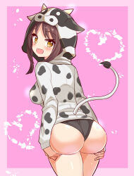 Rule 34 | 1girl, animal hood, ass, ass support, blush, breasts, brown hair, cougar (cougar1404), cow hood, from behind, hood, hoodie, huge ass, large breasts, looking at viewer, looking back, open mouth, original, panties, short hair with long locks, sideboob, smile, solo, tail, underwear, wedgie, yellow eyes