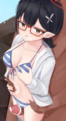 Rule 34 | 1boy, 1girl, aya mizunami, ayane (blue archive), bar censor, bikini, black hair, blue archive, blush, braid, breasts, censored, cleavage, closed eyes, clothes pull, collarbone, cum, ejaculation, flower, from above, glasses, grabbing, grabbing another&#039;s breast, grabbing own breast, groping, hair flower, hair ornament, halo, highres, jacket, looking at viewer, looking back, low ponytail, medium breasts, navel, open clothes, open jacket, open mouth, penis, pointy ears, short, short hair, short ponytail, shorts, shorts down, shorts pull, string bikini, striped bikini, striped clothes, sweat, swimsuit, thigh sex, thighs, waist grab, yellow eyes