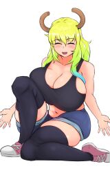 Rule 34 | 1girl, black thighhighs, blonde hair, breasts, cleavage, closed eyes, coco, curvy, dragon girl, dragon horns, facing viewer, female focus, full body, gradient background, green eyes, highres, horns, huge breasts, kobayashi-san chi no maidragon, lucoa (maidragon), navel, pink footwear, shiny skin, shoes, skindentation, sneakers, solo, thick thighs, thighhighs, thighs, white background