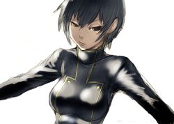 Rule 34 | 00s, 1girl, androgynous, black hair, breasts, closed mouth, code geass, fumio (rsqkr), genderswap, genderswap (mtf), lelouch vi britannia, looking at viewer, luluko, medium breasts, outstretched arms, red eyes, school uniform, serious, short hair, simple background, skin tight, solo, upper body, white background