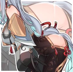 Rule 34 | 1girl, absurdres, aqua hair, bare shoulders, bent over, black bodysuit, bodysuit, braid, breast curtains, breasts, earrings, from side, genshin impact, gradient hair, groin, head out of frame, highres, hip vent, jewelry, large breasts, long hair, long sleeves, multicolored hair, puffy long sleeves, puffy sleeves, rirua (kjom802), shenhe (genshin impact), sidelocks, silver hair, single braid, solo, sparkle, tassel, tassel earrings, very long hair, zoom layer