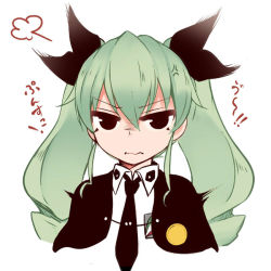 Rule 34 | 10s, 1girl, akitsuchi shien, alternate eye color, anchovy (girls und panzer), anger vein, angry, bad id, bad pixiv id, black eyes, cape, closed mouth, dress shirt, drill hair, emblem, frown, fume, girls und panzer, green hair, hair ribbon, long hair, long sleeves, looking at viewer, necktie, portrait, ribbon, school uniform, shirt, simple background, solo, twin drills, twintails, wavy mouth, white background, white shirt