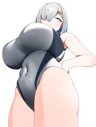Rule 34 | 1girl, armpits, blue eyes, blush, breasts, covered navel, from below, frown, grey hair, grey one-piece swimsuit, hair ornament, hairclip, hamakaze (kancolle), hand on own hip, hauto-san, highres, huge breasts, kantai collection, looking at viewer, one-piece swimsuit, short hair, simple background, solo, swimsuit, white background
