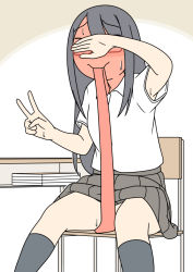 Rule 34 | 1girl, black hair, blush, censored, chair, convenient censoring, covering crotch, covering own eyes, covering privates, desk, full-face blush, glasses, identity censor, juukyuu, long hair, mouth hold, necktie, necktie in mouth, no panties, original, red-framed eyewear, school desk, school uniform, simple background, sitting, solo, sweat, unworn necktie, v