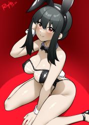 Rule 34 | 1girl, absurdres, alternate costume, animal ears, ankle strap, artist name, bare legs, black bow, black bowtie, black hair, bow, bowtie, breasts, cleavage, closed mouth, dated, detached collar, fake animal ears, from above, highres, large breasts, leotard, looking at viewer, medium hair, meme attire, playboy bunny, rabbit ears, rabbit tail, red background, red eyes, ryle, see-through, see-through leotard, sidelocks, sitting, skindentation, smile, solo, spy x family, tail, thighs, translucent bunnysuit, wariza, wrist cuffs, yor briar