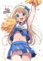 1girl, :d, alternate costume, blonde hair, blue eyes, blue skirt, blush, cheering, cheerleader, clothes writing, collarbone, commentary request, confetti, cowboy shot, crop top, crop top overhang, dated, eyebrows visible through hair, hat, holding, holding pom poms, jervis (kancolle), kantai collection, long hair, looking at viewer, midriff, navel, odawara hakone, open mouth, panties, pantyshot, pleated skirt, pom poms, sailor hat, shirt, skirt, sleeveless, sleeveless shirt, smile, solo, twintails, twitter username, underwear, white background, white headwear, white panties