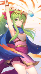 Rule 34 | 1girl, absurdres, arms behind head, arms up, blue scarf, dress, fire, fire emblem, fire emblem: mystery of the emblem, fire emblem heroes, gem, glowing, green eyes, green hair, highres, leather wrist straps, long hair, miragetiki, nintendo, pink dress, pink sash, ponytail, sash, scarf, sidelocks, solo, stretching, tiara, tiki (fire emblem), tiki (young) (fire emblem)